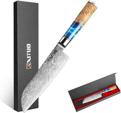 XITUO 7-Inch Santoku Knife, 67-Layer Japanese Damascus Steel Chef Knife, Ultra Sharp Kitchen Knife with Ergonomic Blue Resin & Wood Handle, Gift Box