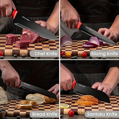 14 Pcs Kitchen Knife Block Set with Sharpener German High Carbon Stainless Steel Chef Knives, Razor-Sharp & Durable, Lightweight Anti-Slip Handle, Professional Set for Home & Kitchen (Red)