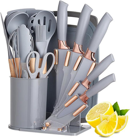 19 Pieces Kitchen Cooking Utensils and Knife Set with Holder Block, Include 11 Pcs Silicone Cooking Utensils 5 Pcs Sharp Stainless Steel Knives Scissors Whisk Tongs and Cutting Board (GREY)