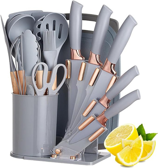 19 Pieces Kitchen Cooking Utensils and Knife Set with Holder Block, Include 11 Pcs Silicone Cooking Utensils 5 Pcs Sharp Stainless Steel Knives Scissors Whisk Tongs and Cutting Board (GREY)