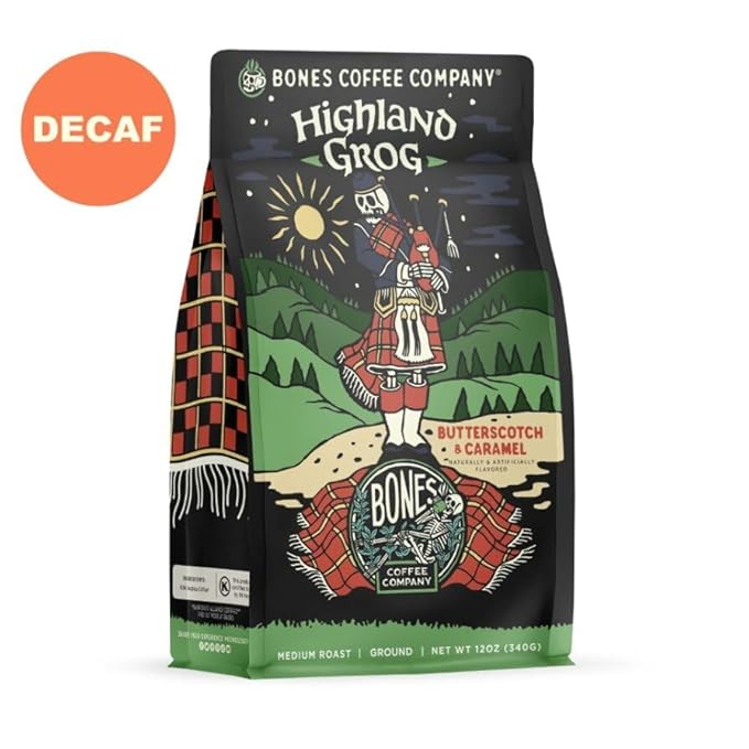 Bones Coffee Company Decaf Highland Grog, Butterscotch Caramel Decaffeinated Flavored Coffee, Medium Roast Low Acid Arabica Beans For Auto drip and French Press Coffee Maker, 12 Oz Ground