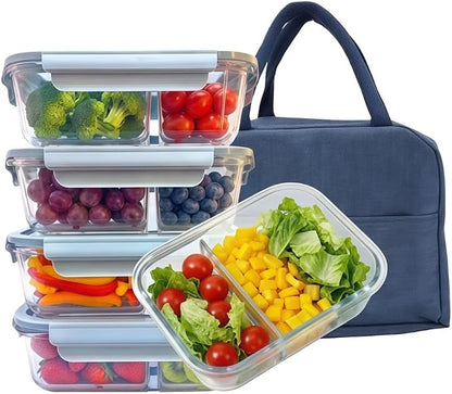 5Pack (22oz-2 Compartments with Lunch Bag) Glass Food Storage Containers with Lids for Kitchen Meal Prep, Fridge Organization, Lunch Box