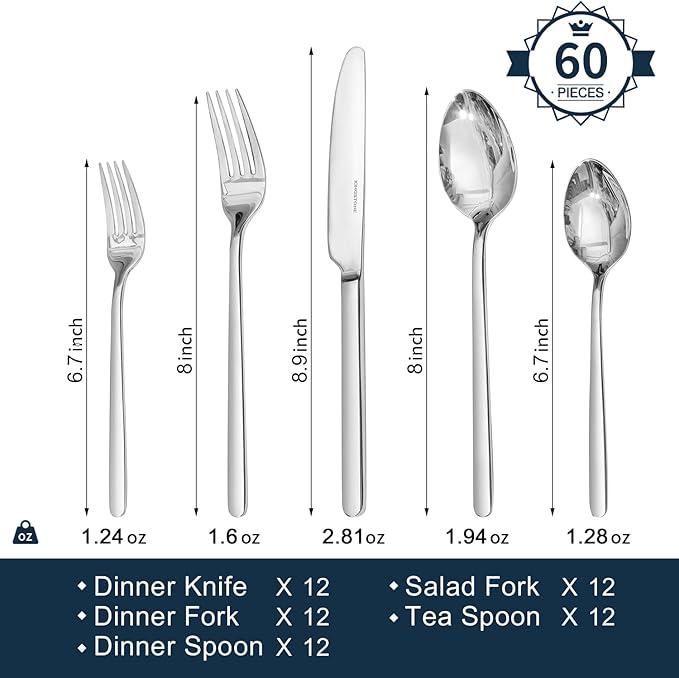 KINGSTONE Silverware Sets, 60 Piece Flatware Set for 12, 18/10 Stainless Steel Cutlery Set, Mirror Polished Dishwasher Safe Utensils, Includes Knives Forks Spoons for Home, Restaurant, Wedding, Party