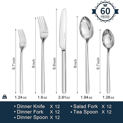 KINGSTONE Silverware Sets, 60 Piece Flatware Set for 12, 18/10 Stainless Steel Cutlery Set, Mirror Polished Dishwasher Safe Utensils, Includes Knives Forks Spoons for Home, Restaurant, Wedding, Party