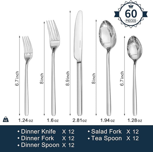 KINGSTONE Silverware Sets, 60 Piece Flatware Set for 12, 18/10 Stainless Steel Cutlery Set, Mirror Polished Dishwasher Safe Utensils, Includes Knives Forks Spoons for Home, Restaurant, Wedding, Party
