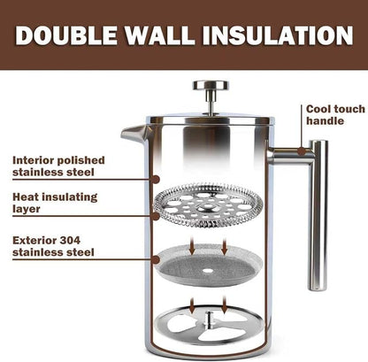 Extra Large French Press, French Press Coffee Maker 61 oz (1.8L), Insulated Stainless Steel French Press XXL Large Capacity Double Walled with Spoon for Espresso Coffee or Tea