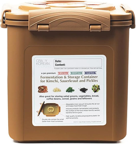 Crazy Korean Cooking Premium Kimchi, Sauerkraut Fermentation and Storage Container with Inner Vacuum Lid (1.6 Gal Sandy Brown (6.4L))