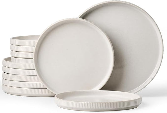 Famiware Star 12-Piece Stoneware Flat Plate Set for 6-10.5" Dinner Plates & 8" Salad Plates, High Edge Dishes Dinnerware Sets, Chip & Scratch Resistant, Microwave & Dishwasher Safe, Matte White