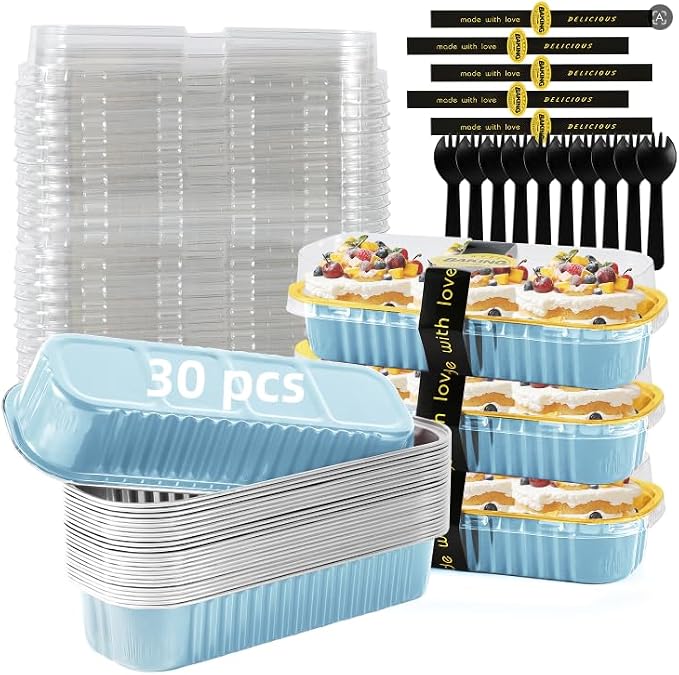 Sky Blue Mini Loaf Pans with Lids & Spoons, 30 Pcs 6.8oz Disposable Aluminum Cake Pans, Mini Cake Containers for Desserts, Baby Shower, Party Favors & Gift Set