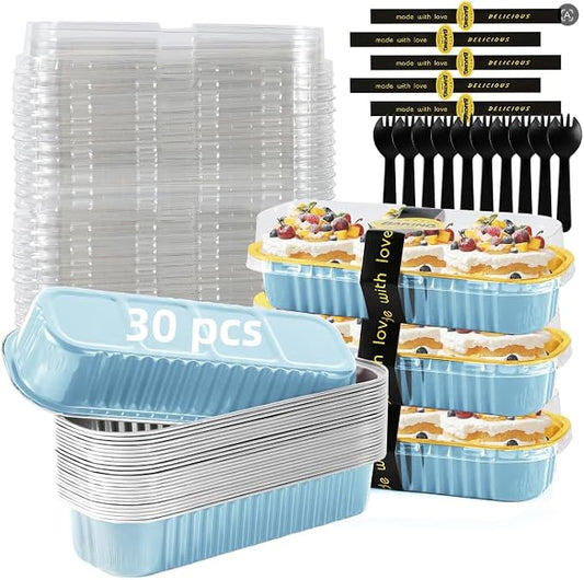 Sky Blue Mini Loaf Pans with Lids & Spoons, 30 Pcs 6.8oz Disposable Aluminum Cake Pans, Mini Cake Containers for Desserts, Baby Shower, Party Favors & Gift Set