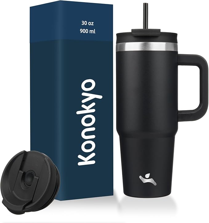 Konokyo 30 oz Tumbler with Handle and 2 Straws,2 in 1 Lid Insulated Water Bottle Stainless Steel Travel Coffee Mug,Black