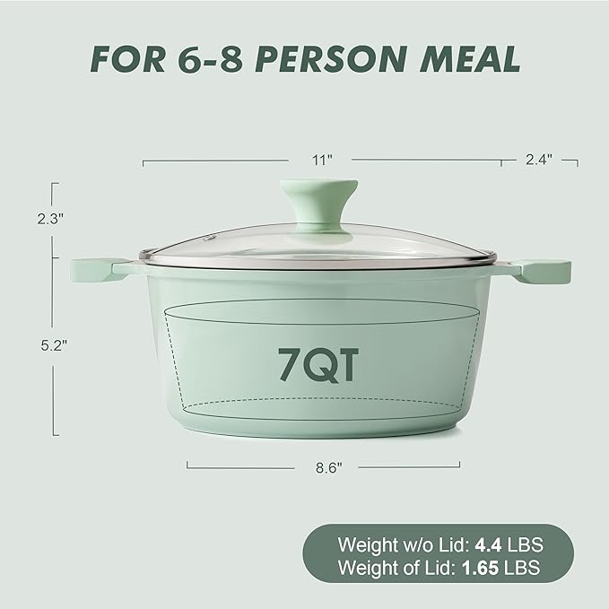 SENSARTE Ceramic Nonstick Stock Pot with Lid, 7 Quart Induction Cooking Pot with Tempered Glass Lid, Stew Pot for Soup and Oatmeal, Pasta Casserole, PFOA PFAS PTFE Free, Green