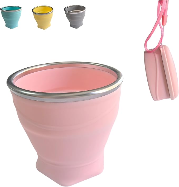Collapsible Cup, 8.8oz 260ml Foldable Travel Mini Coffee Mug, BPA Free Silicone Water Cup and Lid with Stainless Steel Rim, Portable Pocket Cup for Outdoor, Hiking, Camping & Kids （Pink）