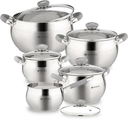Daniks Modern 10-Piece Stainless Steel Cookware Set with Glass Lids, Includes Saucepan, Tri-Ply Bases for Even Heating, Induction Compatible, Dishwasher Safe, Heatproof Handles