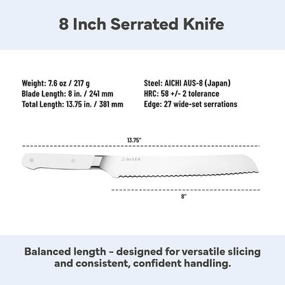 Misen Serrated Bread Knife – High-Carbon Japanese AUS8 Steel – Effortless Slicing of Bread, Pastries, and Fruits – Razor-Sharp Edge and Durable Blade with Ergonomic Handle - 8", White