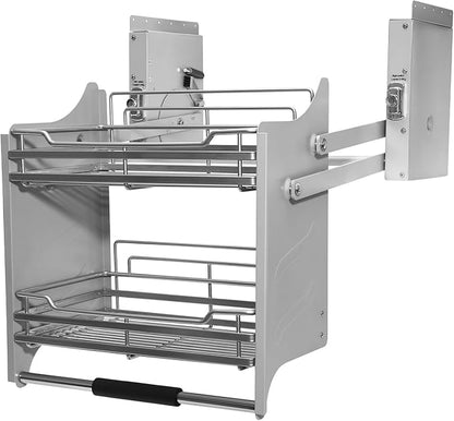 2-Tier Cabinet Pull-Down Shelf, Heavy Duty Space-saving Cabinet Organizer Dual Tier Wall Mounted Pantry Storage Stainless Steel Pull-Down Organizers for 22.13-22.44 Inch Interior Width Cabinet