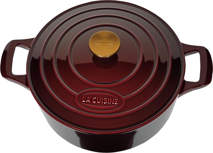 La Cuisine Enameled Cast Iron Dutch Oven Casserole Dish Pot with Lid, 5 QT 10.3“ /26cm Dia. Internal Matt Black Enamel Coating Gold-Plated SS Lid Handle Oven Safe up to 500° F, Cranberry