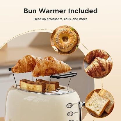 Wiltal Toaster Retro 2 Slice, Vintage White Toaster with Lid, with Bread Attachment, Preheat, Defrost And Cancel Functions, 6 Browning Levels (Beige)