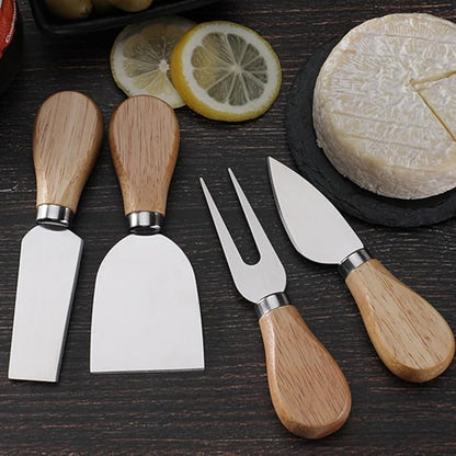 Linwnil 4-Piece Set of Stainless Steel Cheese Knives with Wood Hand, Including Cheese Slicer and Cheese Cutters, Essential Cheese Tools for the Kitchen (Oak handle, Black)