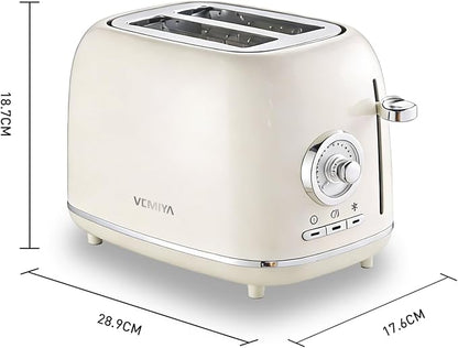 2 Slice Toaster, Retro Stainless Steel Toaster with Wide Slots, 6 Browning Settings & High Lift, Premium Glossy Finish, Removable Crumb Tray, Compact Modern Toast Maker for (Ivory White)