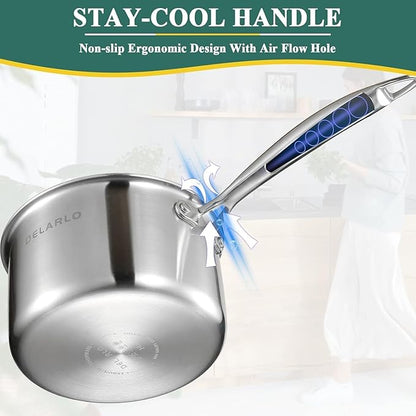DELARLO Tri-Ply Whole-Clad Stainless Saucepan 3.5 Quart Steamer Set With Glass Lid, Ergonomic Handle, Vegetable Steamer, Steamer for Cooking, Multipurpose Sauce Pan, Kitchen Sauce Pot, Oven Safe