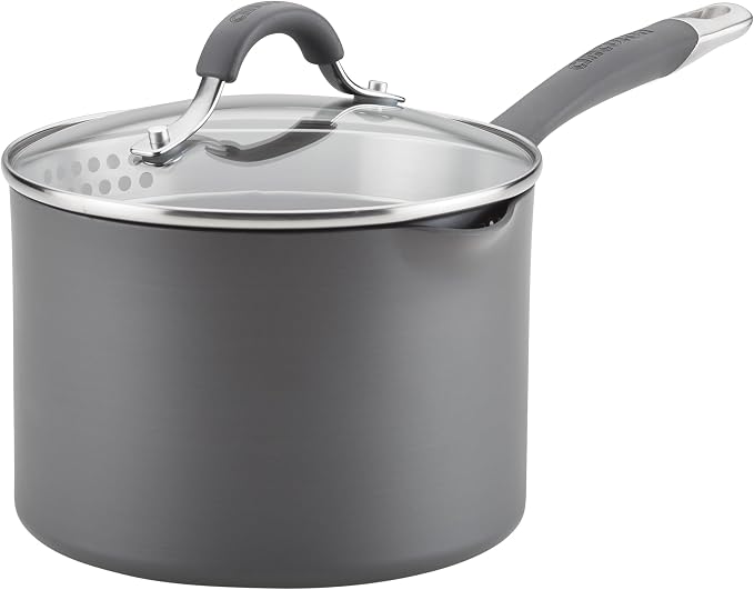 Circulon Radiance Hard-Anodized Nonstick Saucepan, Durable Nonstick Cookware, Sauce Pan with Straining Lid, 3-Quart, Gray