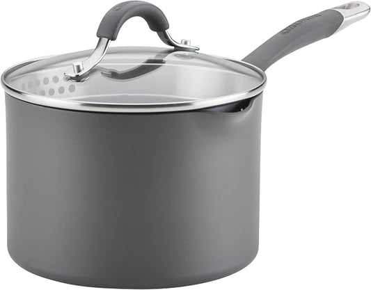 Circulon Radiance Hard-Anodized Nonstick Saucepan, Durable Nonstick Cookware, Sauce Pan with Straining Lid, 3-Quart, Gray
