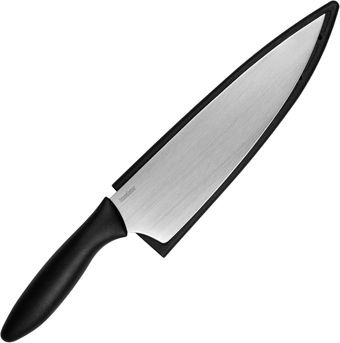 Kershaw 8” Chef’s Knife, Black, 8 Inch Stainless Steel Drop Point Plain Edge Blade, Included Sheath, Comfortable Handle, All Purpose Chef Knife for Meat, Fruit, Vegetables and More