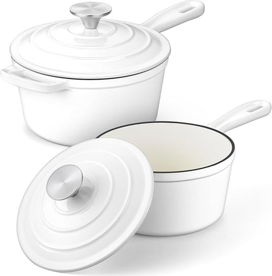 Leonyo Cast Iron Pots and Pans Set, 1Qt & 2Qt Enameled Sauce Pan with Lid, Small Cast Iron Dutch Oven Kitchen Cookware Appliances for All Cooktops Cooking Pasta, Milk, Egg - Up to 500°F, White