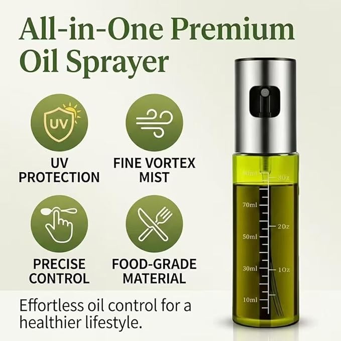 Oil Sprayer for Cooking - Olive & Avocado Oil Spray Bottle, 100ml Food Grade Glass Mister with Adjustable Nozzle for Kitchen Gadgets, Air Fryer, Salad, Frying, BBQ （1PCS）