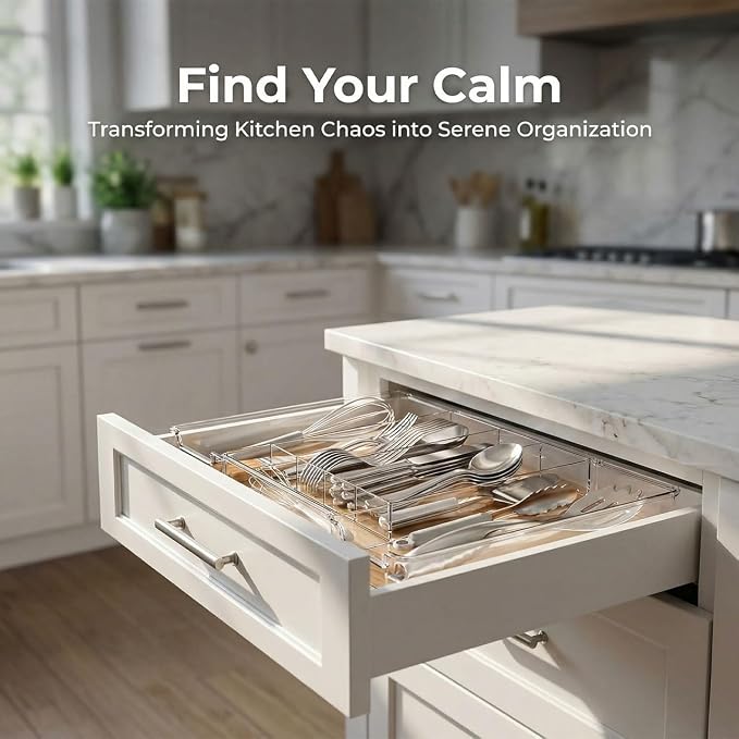 Expandable Silverware Organizer for Drawer, Clear Acrylic Utensil Organizer with Adjustable Compartments, Large Kitchen Drawer Organizer Tray for Cutlery, Flatware & Utensils Storage