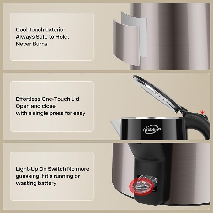Electric Kettle 1.8L, 1350W Fast Boiling Tea Kettle and Hot Water Boiler, Double Wall Cool Touch Design with 100% Stainless Steel Interior, Auto Shut-Off & Boil-Dry Protection, Black and Gold