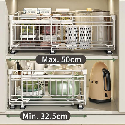 Expandable Pull Out Cabinet Organiser, No Drill Adhesive Slide Out Kitchen Drawer Shelf Durable Metal for Under Sink, Cupboard, Pantry, Adjustable Width (12.8"-19.7") (Style B White, 1 Pack)