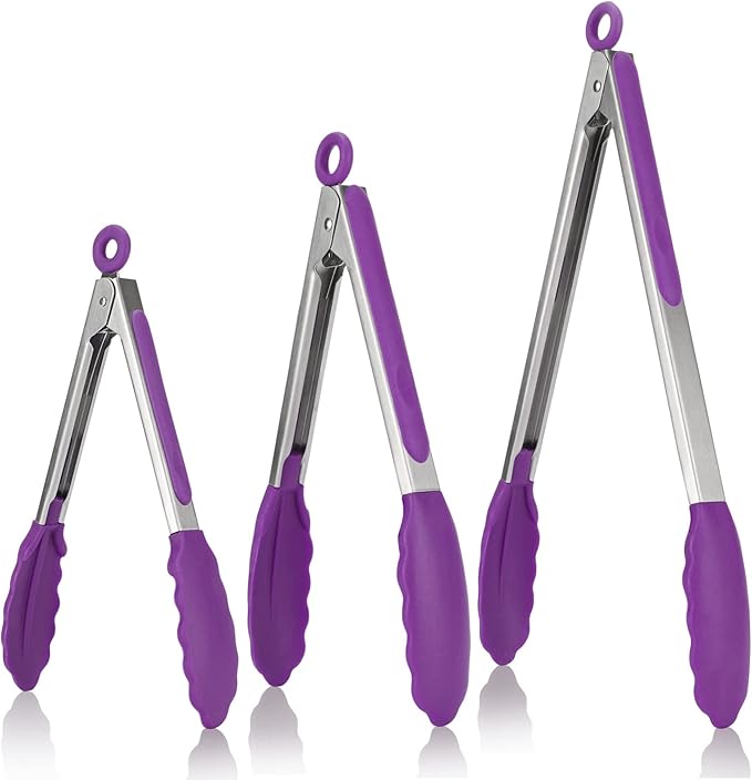 Kitchen Tongs, U-Taste 7/9/12 inches Cooking Tongs, with 600ºF High Heat-Resistant Non-Stick Silicone Tips, 18/8 Stainless Steel Handle, for Food Grill, Salad, BBQ, Frying, Serving, Pack of 3(Purple)