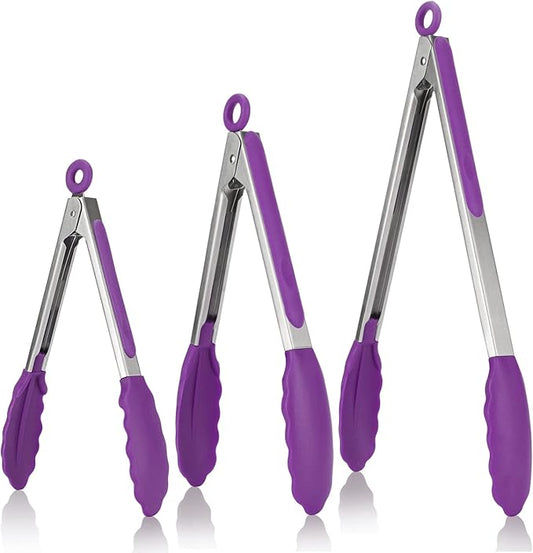 Kitchen Tongs, U-Taste 7/9/12 inches Cooking Tongs, with 600ºF High Heat-Resistant Non-Stick Silicone Tips, 18/8 Stainless Steel Handle, for Food Grill, Salad, BBQ, Frying, Serving, Pack of 3(Purple)