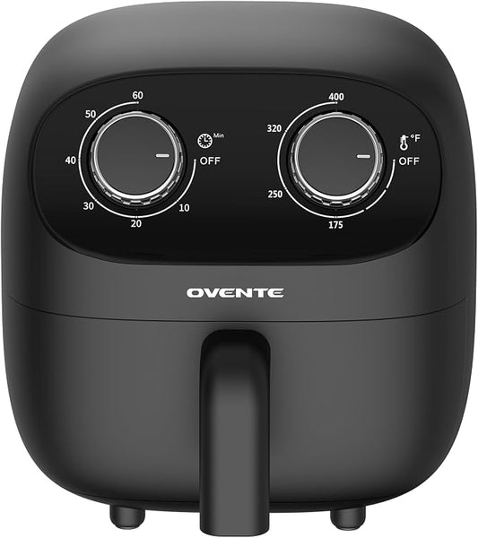 OVENTE 2QT Compact Air Fryer for 1–2 People, 900W Small Oil-Free Fryer with Manual Dual Knobs, Adjustable Temperature, 60 Minute Timer, Auto Shutoff & Dishwasher Safe Nonstick Basket, Black FAM18900B