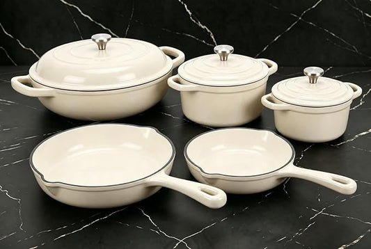 Nonstick Enameled Cast Iron Cookware Set - 8 Piece Pots and Pans with Lid, Frying Pan, Skillet, Dutch Oven Set for All Stovetops, Ideal for Sourdough Bread Baking, Cream White