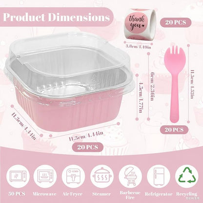 20 Pack 10oz Pink Mini Cake Pans With Lids, Aluminum Foil Square Brownie Baking Cups,Disposable 4”x4” Large Cupcake Pan,Jumbo Muffin Tin Ramekins Holders