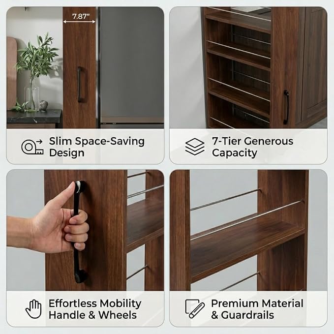 Slim Rolling Storage Cart, 7-Tier Pull-Out Spice Rack with Handle & Wheels, Narrow Kitchen Organizer for Next to Fridge, Pantry, Laundry Room, 7.87 Inch Wide Space Saver (Walnut, Exposed Wheels)