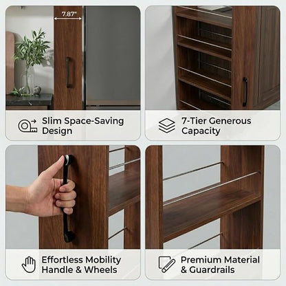 Slim Rolling Storage Cart, 7-Tier Pull-Out Spice Rack with Handle & Wheels, Narrow Kitchen Organizer for Next to Fridge, Pantry, Laundry Room, 7.87 Inch Wide Space Saver (Walnut, Exposed Wheels)