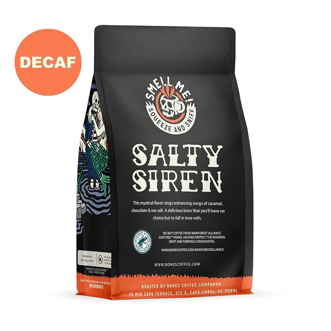 Bones Coffee Company Decaf Salty Siren, Sea Salted Caramel Chocolate Decaffeinated Flavored Coffee, Medium Roast Low Acid Arabica Beans For Auto drip and French Press Coffee Maker, 12 Oz Whole Bean