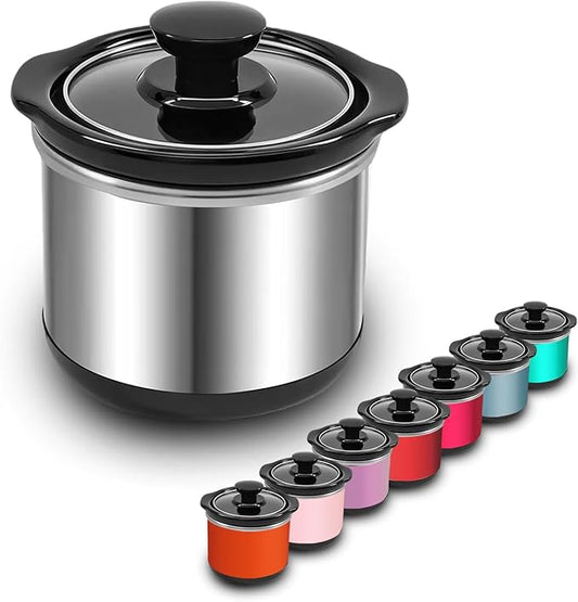 Mini Slow Cooker, 0.65 Qt Capacity small slow cooker, Ceramic Pot, Nutrient Loss Reduction, For Sauces, Stews & Dips, Round (stainless s)