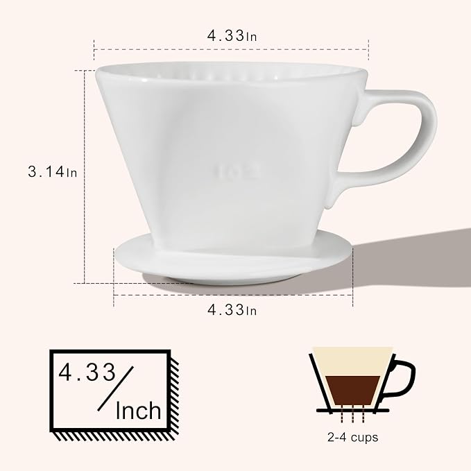 hailanbao Handmade Pour over Ceramic Coffee Dripper - Authentic Brewing Experience for Camping, Office, and Home (White)