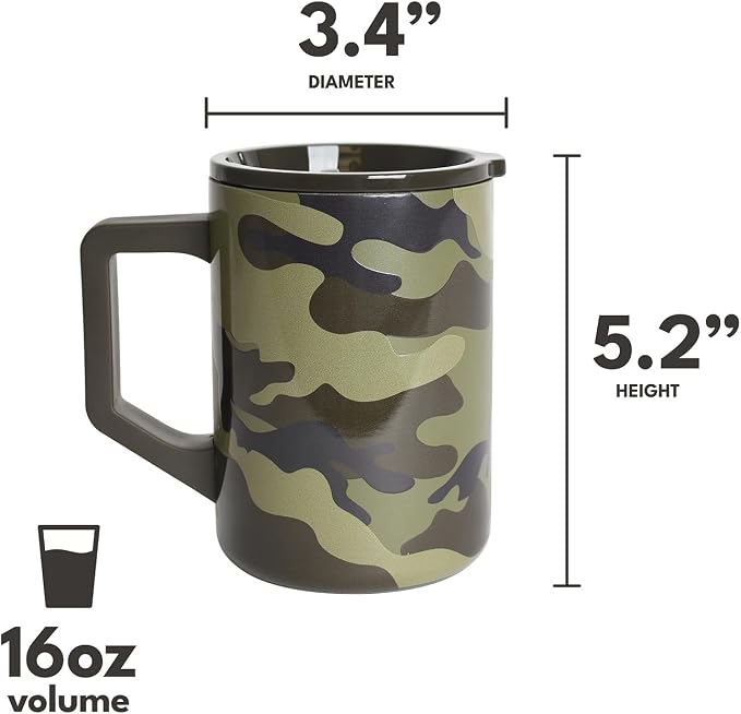 Elemental Insulated Coffee Mug - Triple-Wall Stainless Steel Summit Travel Cup for Hot and Cold Drinks - Thermal Coffee Mug with Lid and Handle for Camping, Office & Travel 16oz - Dark Green Camo