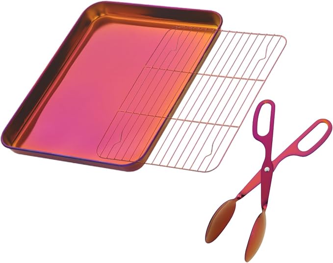 DOCBLACK Baking Sheet with Wire Rack Set and BBQ Tong, Stainless Steel Cookie Sheet Baking Tray & Cooling Rack & 26cm Food Tong for Cooking and Oven, Dishwasher Safe-Sunset Red