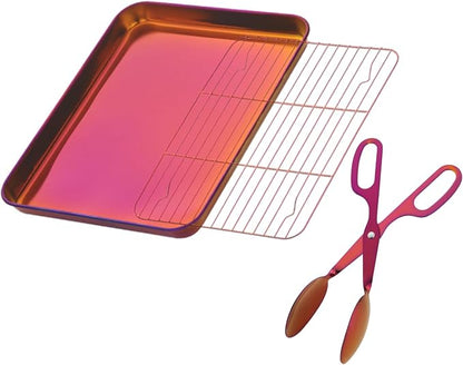 DOCBLACK Baking Sheet with Wire Rack Set and BBQ Tong, Stainless Steel Cookie Sheet Baking Tray & Cooling Rack & 26cm Food Tong for Cooking and Oven, Dishwasher Safe-Sunset Red