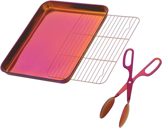 DOCBLACK Baking Sheet with Wire Rack Set and BBQ Tong, Stainless Steel Cookie Sheet Baking Tray & Cooling Rack & 26cm Food Tong for Cooking and Oven, Dishwasher Safe-Sunset Red