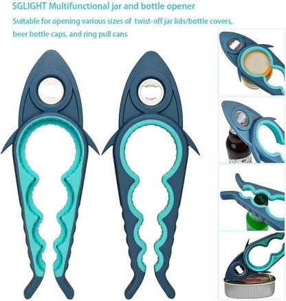Jar Opener Bottle Opener for Arthritis, 5-in-1 Multifunctional Jar Opener, Easy to Use for Seniors and Weak Hands, Shark Shape Kitchen Gadget for jar, Beer and Bottle (Grey and Blue)