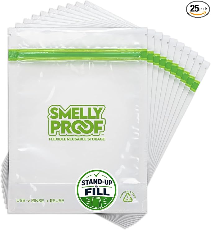 Smelly Proof 25 x Expandable Stand & Fill REUSABLE Storage Bags for Food Designed & Mfg in US, BPA FREE, NO PEVA, Reusable Sandwich Bags, Dishwasher-Safe, Clear 3 mils STAND UP 6.5" x 7.5" - 25pk