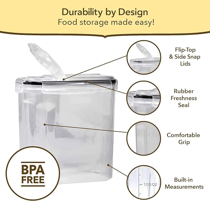Simply Gourmet Airtight Cereal Containers with Lids – 3 Piece Tall Kitchen Pantry Organization Set, BPA-Free Clear Plastic, Pour Spout Lids for Breakfast Cereal, Rice, Flour, Sugar, Snacks